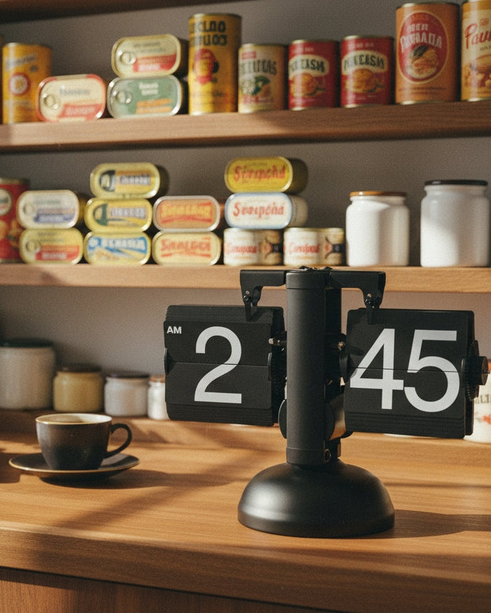 Shelf with food tins and a retro flip clock on a wooden surface