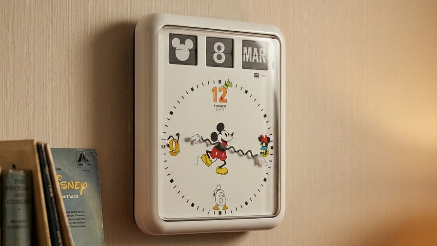 Twemco Wall clock with cartoon characters on a shelf with books and a lamp